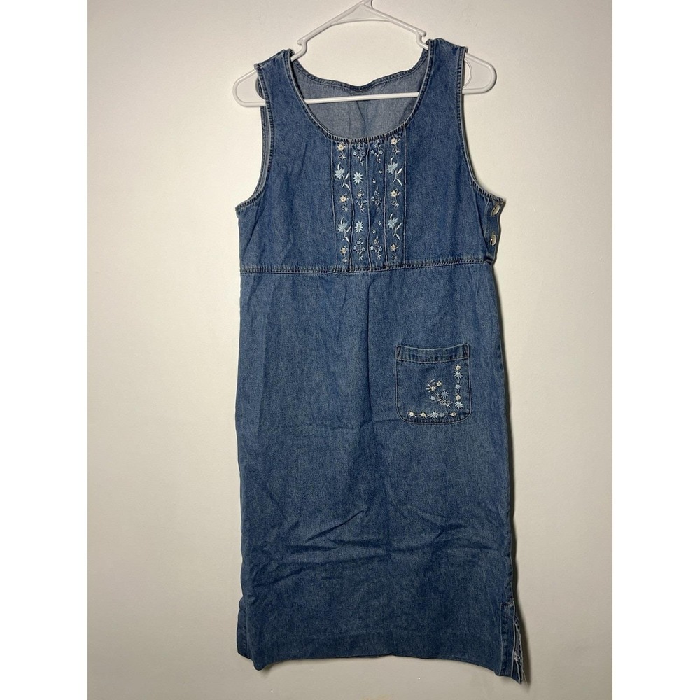 Vintage Denim Floral Embroidered Midi Dress Size Large 90s/Y2k Cottage Core EUC